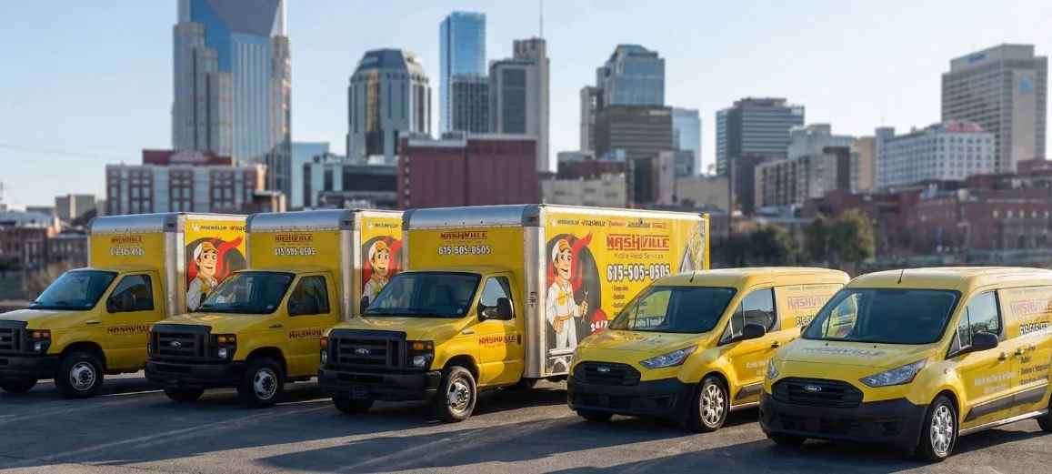 Nashville Mobile Road Service yellow mobile service fleet with the Nashville skyline